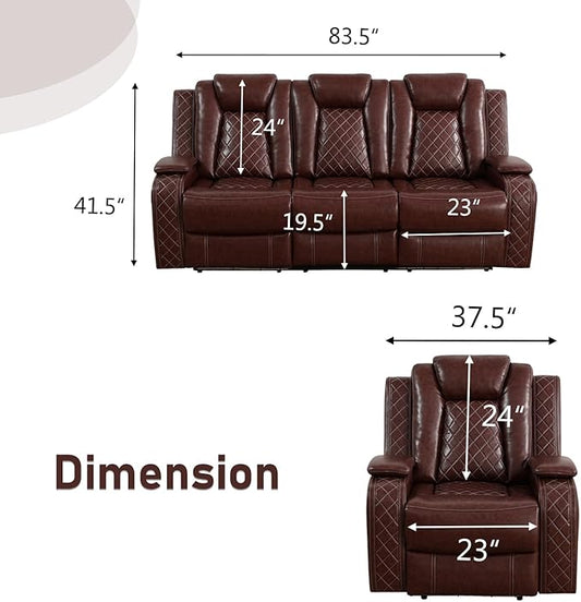 Power Recliner Sofa Set, Air Leather Reclining Couch with LED/Cup Holders/Storage, 2 Pieces Reclining Living Room Furniture, Burgundy Leather Sofa and Chair for House/Apartment/Office