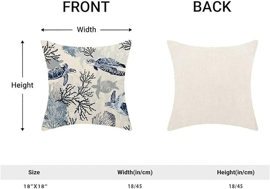 BETGINY Coastal Throw Pillow Cover 18 x 18 Inch Pack of 2, Beach Themed Blue Coral Sea Turtle Decorative Pillow Covers Square Linen Nautical Ocean Pillow Cases Cushion for Bedroom Home Sofa Decor