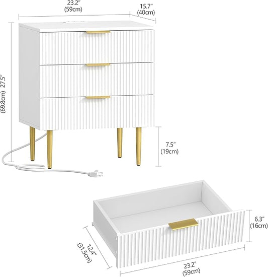 3 Drawer Nightstand with Charging Station, 23.2" W Large Fluted Night Stand, Modern Bedside Table with USB Ports and Outlets, for Bedroom, White and Gold
