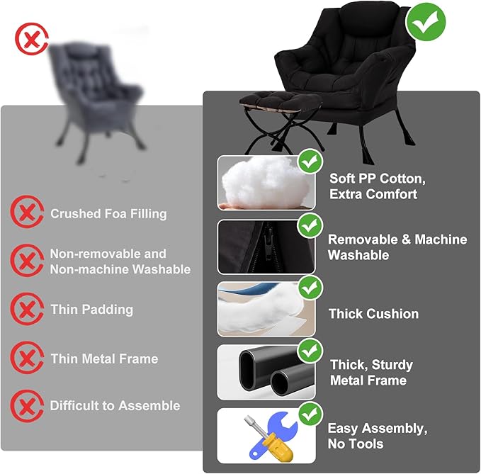 Lazy Chair with Ottoman, Modern Chair with Folding Footrest, Black Accent Chair, Comfortable Reading Chair, Oversized Armchairs for Bedroom, Study, Living Room, Courtyard