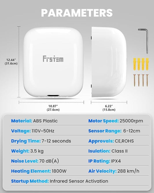 1800W Commercial Hand Dryers, Automatic High Speed Hand Dryer Machine with Auto-Infrared Sensor&Smart Temp Control, Compact Hand Dryer for Home, Bathrooms, Restaurants, Hotels, White