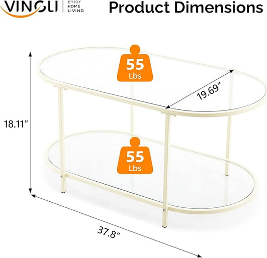 VINGLI 38" Glass Coffee Table, Oval Coffee Tables for Living Room, Small Coffe Table with 2-Tier Storage, Modern Center Table for Home Decor, Office, Small Space, Beige