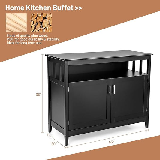 NAFORT Farmhouse Sideboard, Freestanding Buffet Cabinet with Removable Shelf, Anti-Tip Devices, Magnetic Catch, Wood Legs & Adjustable Foot Pads, Large Storage Coffee Bar for Household, Black