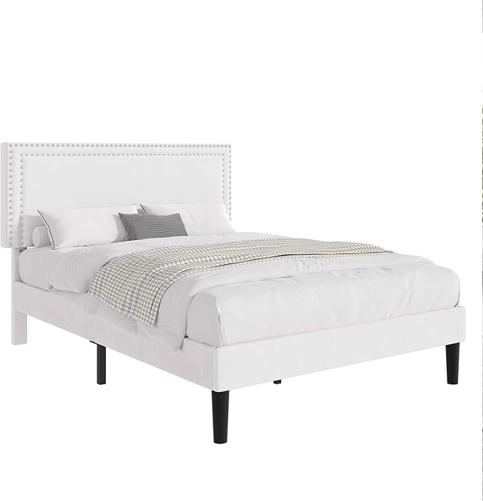 VECELO Full Bed Frame with Adjustable Upholstered Headboard, Wooden Slats Platform, Noise-Free Design, Easy Assembly