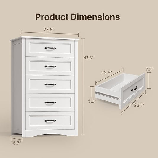Gizoon 5 Drawer Dresser, White Wood Chest of Drawers for Bedroom, 43.3" Large Capacity Storage Cabinet with Anti-Tip Device, for Clothes, Living Room, Hallway, Office
