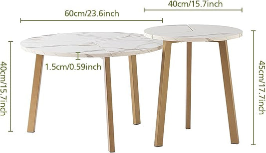COSIEST Small Coffee Table Set of 2, Round Coffee Table with Sturdy Metal Base, Nesting Coffee Table for Living Room, Bedroom, Office (White & Gold)