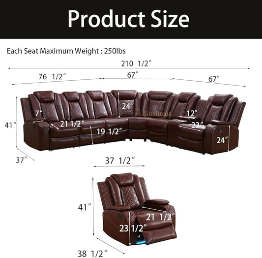 A Ainehome Leather Power Recliner Furniture Sofa Set, Power Recliner Adjustable Sofa, Loveseat and Chair with USB Chargers/Cup Holder for Living Room/Office(A-Brown)