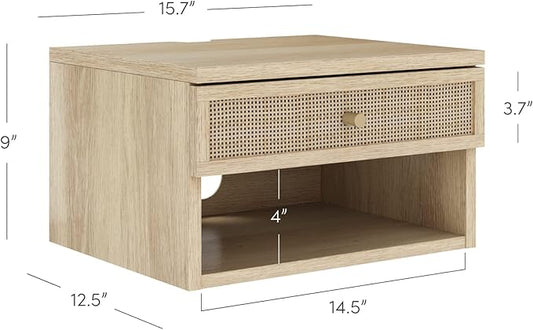 Nathan James Jackson Wall Mounted Rattan Floating Bedroom Nightstand with Storage Drawer and Modern Open Shelf Cubby, Light Oak/Rattan, Set of 2