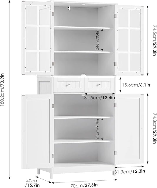 71" Tall Kitchen Pantry Storage Cabinet, Pantry Cabinet with Drawers and Glass Doors, Freestanding Kitchen Cupboard for Dining Room, Laundry, White