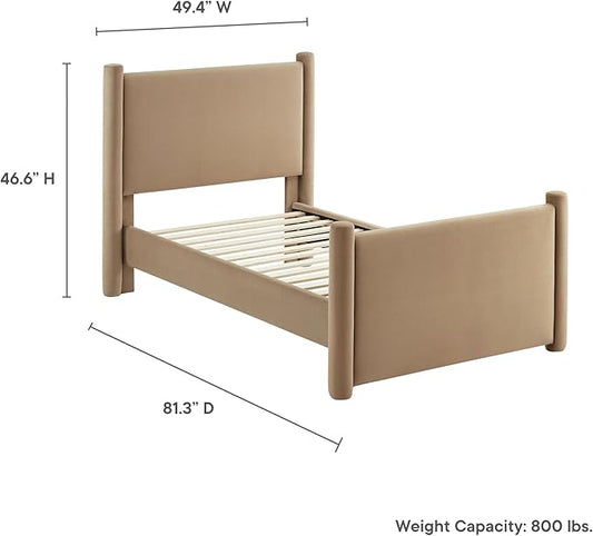Modway Rael Twin Platform Bed Frame with Upholstered Headboard and Footboard in Taupe – Stain-Resistant Performance Velvet Twin Size Bed with Rounded Posts