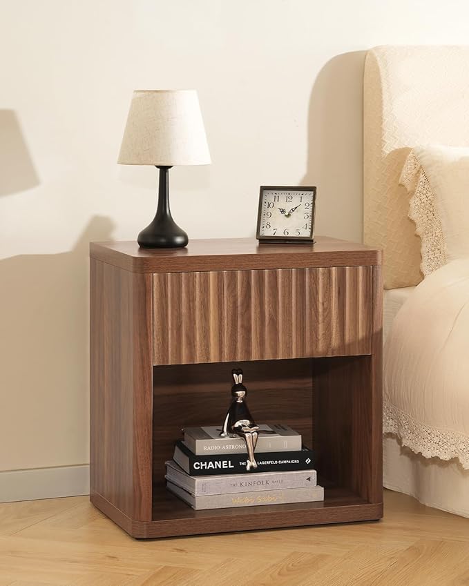 Night Stand Fluted Nightstand with Drawers, Wood Bedside Table with Storage Shelf, Bed Side Table for Bedroom, End Tables Living Room, Mid Century Nightstands Night Stands, Sofa Side Tables
