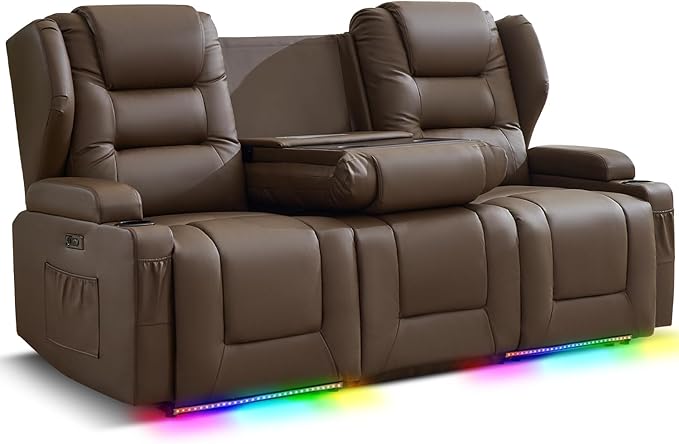Oprisen 3-Seater Power Recliner Sofa Couch Flip Middle Backrest Reclining Sofa Chair for Living Room with Charging Station/Cup Holders/LED Ambient Light