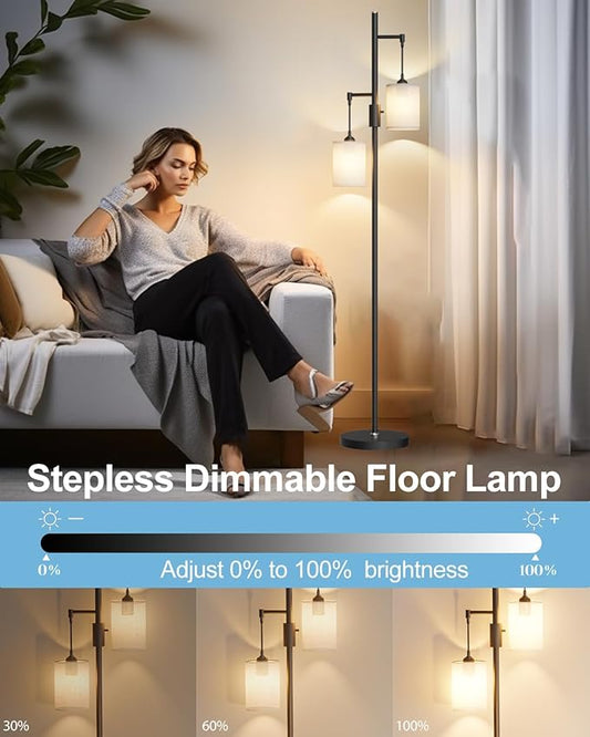 Lightdot 65IN Black Floor Lamp for Living Room, Industrial 2-Light Tree Floor Lamps with Linen Shade, Mid Century Modern Standing Tall Lamp for Bedroom/Sofa Beside/Corner Decor-Black(Bulb Included)
