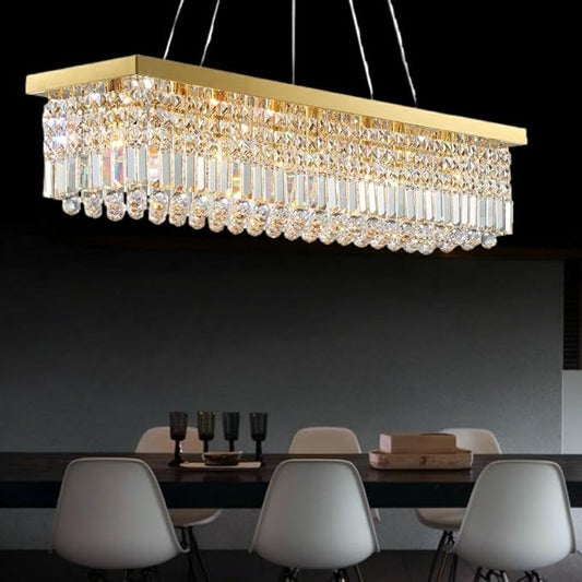 Modern Crystal Chandelier for Dining Room 8-Light Gold Rectangle Chandeliers K9 Crystal Ceiling Light Fixture Hanging Pendant Lights Kitchen Island Bar Bedroom Party Wedding Hotel