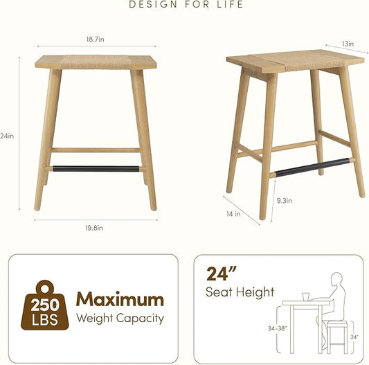 Thor Wicker Premium Solid Wood Counter Stool 24", Backless Counter Height Seating with Hand-Knitted Rope, Eco-Friendly Modern Design (Light Oak)
