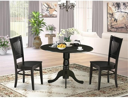 East West Furniture DLVA3-BLK-W 3 Piece Dinette Set for Small Spaces Contains a Round Dining Table with Dropleaf and 2 Dining Chairs, 42x42 Inch, Black