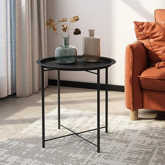 VECELO Side/End Table, Folding Round Metal Anti-Rust and Waterproof Outdoor or Indoor Tray for Living Room Bedroom Balcony and Office, 1 PCS, Black