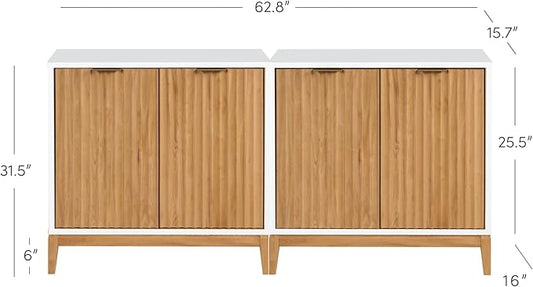 Nathan James Jasper Modern Sideboard, TV Stand with Fluted Doors, Accent Storage for Kitchen or Living Room, White/Warm Pine, Set of 2
