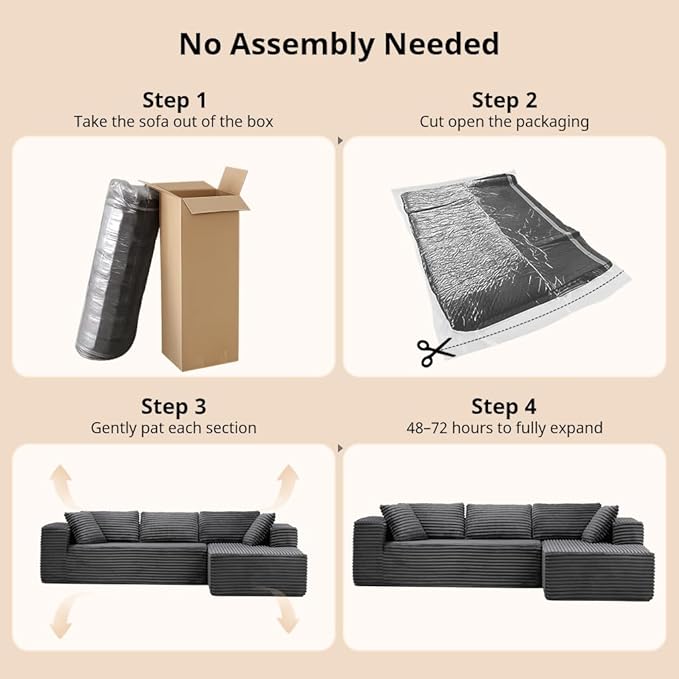 COMHOMA 105”Modular Sectional Sofa with Deep Seat,Cloud Upholstered L-Shape Couch Wide Arms Corduroy Fabric High-Density Foam Chaise Lounge for Living Room No Assembly Required