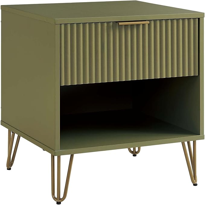 Manhattan Comfort Dumbo Fluted Nightstand with Drawer and Open Shelf, Gold Hairpin Legs and Metal Handle, Snap Tool-Free Assembly, Modern Bedside Accent Table for Bedroom or Living Room in Olive Green