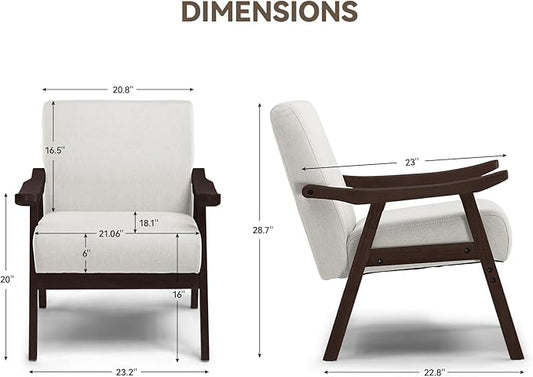 COMHOMA Accent Chair, Mid Century Modern Chair with Solid Wood Armrest, Comfy Upholstered Reading Armchair for Living Room, Bedroom, Balcony (Brown Curved Armrests, Beige)