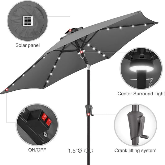 10FT Solar Patio Umbrella - Outdoor Umbrella with Centre Surround Light 24 LED Lights, Market Table Umbrella with Tilt for Pool, Porch, Garden, Deck, Backyard UV Protection (Anthracite)