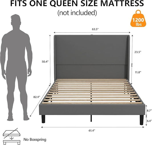 GTPLAYER Queen Size Bed Frame, Upholstered Platform Bed Frame with USB Type-C Tall Headboard Wingback, Soft Velvet Fabric, No Box Spring Needed, Easy Assembly, Misty Grey