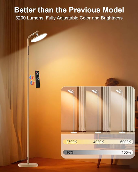 LED Floor Lamp, 32W Super Bright Standing Lamp with Remote Control, Modern Dimmable 69" Torchiere Tall Lamp, 350°Rotating Head Reading Floor Lamp for Living Room, Bedroom, Office, Brown