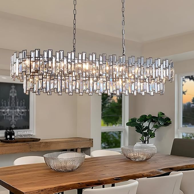Black Contemporary Chandelier Foyer Entryway Lighting, 2-Tier Large Foyer Entrance Chandeliers for Living Room Kitchen Island High Ceiling Big Crystal Chandelier(Length 55.1 inch 21 Lights)