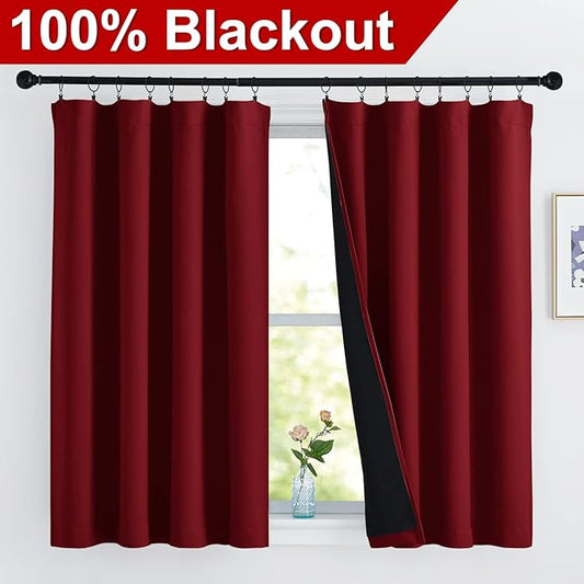 NICETOWN Kitchen Full Blackout Curtain Panels, Super Thick and Soft Insulated Window Covers, 100% Blackout Draperies with Black Backing for Cafe Window (Burgundy Red, Set of 2 PCs, 52 by 54-inch)