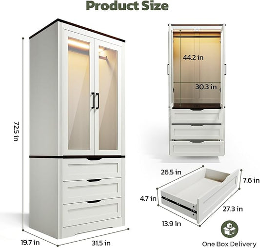 Concho 73'' Tall Farmhouse Armoire Wardrobe Closet with LED Light, Wood Wardrobe Closet with 2 Doors 3 Drawers, Freestanding Bedroom Armoire Clothing Storage Cabinet, White