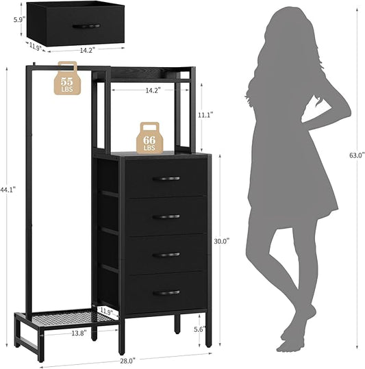 Yoobure Black Dresser with Hanging Rack - Small Closet with 4 Fabric Storage Drawers, 44" H Dresser with Clothes Rack, Chest of Drawer, Kids Dressers for Bedroom, Entryway, Living Room, Sturdy Frame