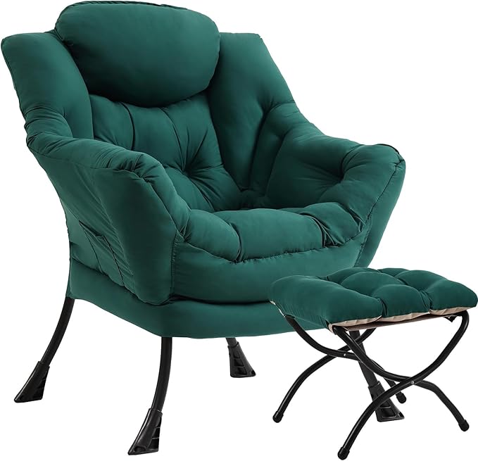 Lazy Chair with Ottoman, Large Dark Green Accent Chair with Ottoman, Comfy Reading Armchair, Leisure Sofa Chair for Living Room, Bedroom, Dorm Room, Office