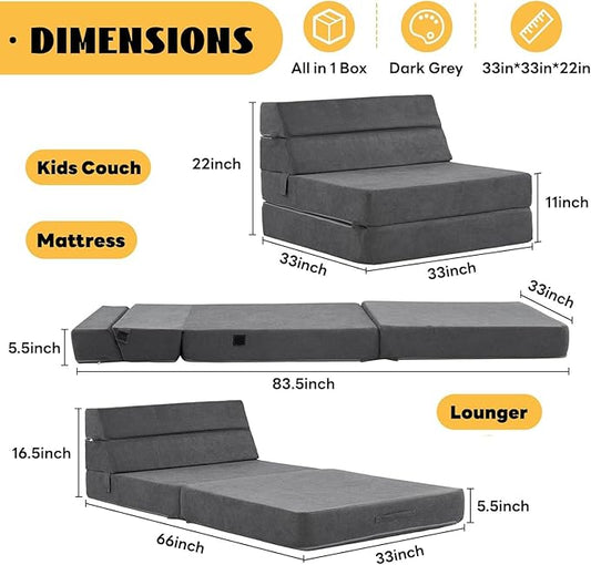 jela Foldable Sofa Bed Large Soft Foam Convertible Sleeper Chair Luxury Miss Fabric Fold Out Chair Bed Floor Couch with Back Support Floor Sofa for Living Room Bedroom (83"x33",Dark Gray) | breathable material