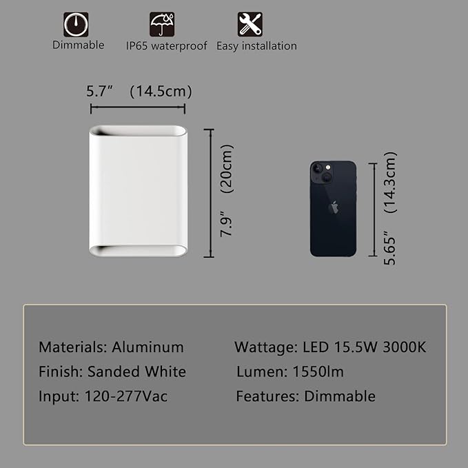 LED Wall Lights Outdoor Wall Sconces Dimmable 15.5W, IP65 Waterproof Porch Lights Up and Down Modern Wall Lamps for Garage Yard, 3000K 120-277V CRI 90+, Set of 2 (White)