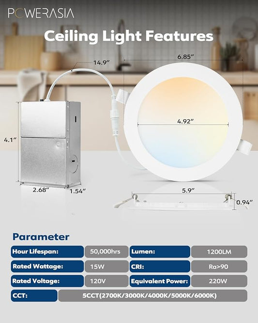 20 Pack 6 Inch LED Recessed Lighting with Junction Box, 5CCT 2700K/3000K/4000K/5000K/6000K Selectable, 15W 1200lm Ultra-Thin Recessed Downlight-ETL and Energy Star Certified