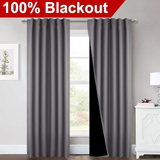 NICETOWN Total Shade Room Warming Curtains and Draperies, Heavy-Duty Full Light Shading Drapes with Black Liner Backing for Villa/Hall/Dorm Window(Gray, Package of 2, 52-inch Wide x 95-inch Long