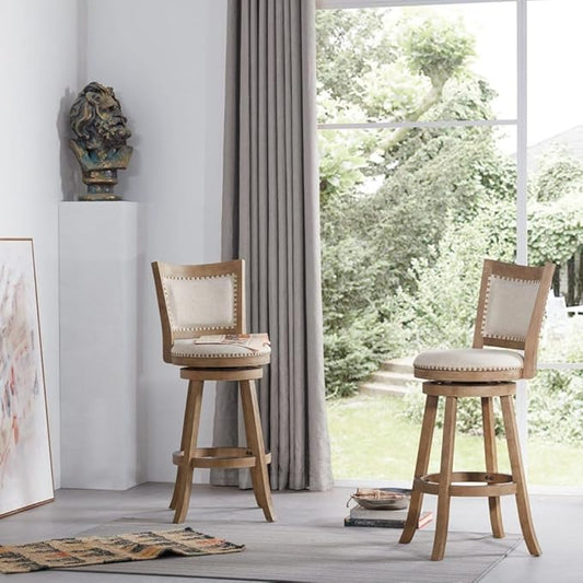 Boraam Melrose Ivory Fabric Wood Swivel Bar Stool - Driftwood Wire-Brush