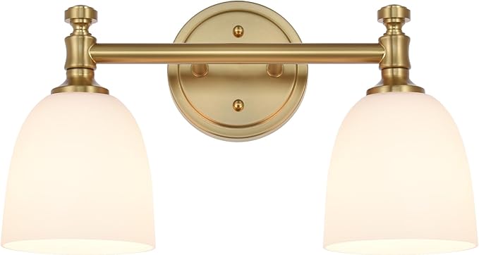 Gold Bathroom Vanity Light Fixtures, 2-Light Bathroom Vanity Light Fixtures Over Mirror, Traditional Vanity Lights for Living Room, Milk White Glass Shades, Standard E26 Base, Aged Brass