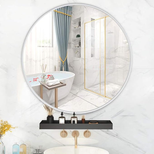 Muzilife 24" Round Mirror, Bathroom Circle Mirror, Silver Wall Mirrors with Modern Brushed Metal Frame, Suitable for Wall Hanging Decoration, Living Room, Bedroom