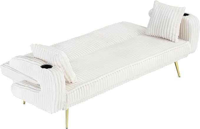 Luxury Plush Corduroy Upholstered Futon Sofabed Living Room Loveseat Sofa Convertible Sleeper Couch Bed with Style Armrests,Cupholders and Pillows, Love Seat Sofa&Couch for Home/Studio/Apartment