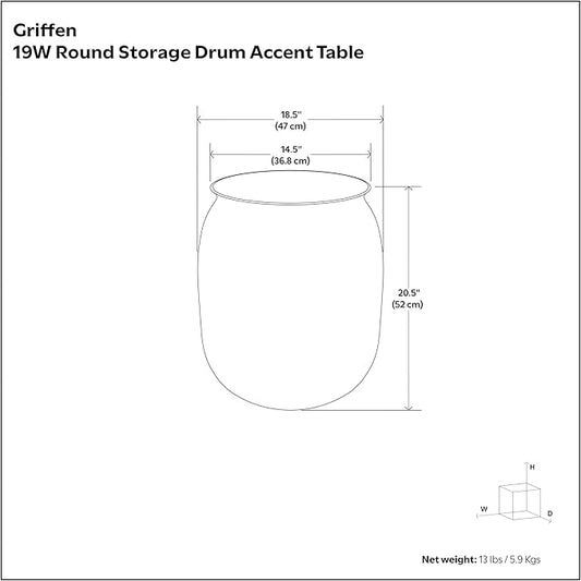 SIMPLIHOME Griffen Metal Storage Accent Table - 19 inch Wide Solid Metal Round Drum Side Table in Antique Nickel, Industrial End Table for Living Room with Hidden Storage Space, Assembled