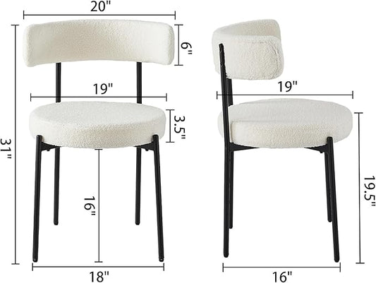Honyee White Dining Chairs, Modern Dining Chairs Set of 2, Teddy Fleece Round Cushion Dining Room Chairs, Curved Backrest Dining Chairs with Black Metal Legs (White, 2Pcs)