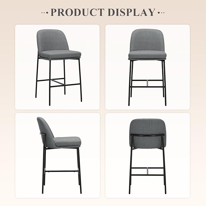 Bar Stools Set of 4, Modern Upholstered Counter Height Bar Chairs with Cushioned Seat and Curved Back, Fabric Kitchen Island Stools with Sturdy Metal Legs for Dining Room Island Bar, Dark Grey