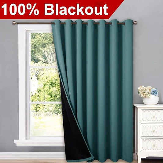 NICETOWN 100% Blackout Patio Sliding Door Curtain, Wide Lined Drape, Keep Warm Drapery, Sliding Glass Door Panel for Oversleep(Sea Teal, 1 Panel, 100 inches Wide x 95 inches Long