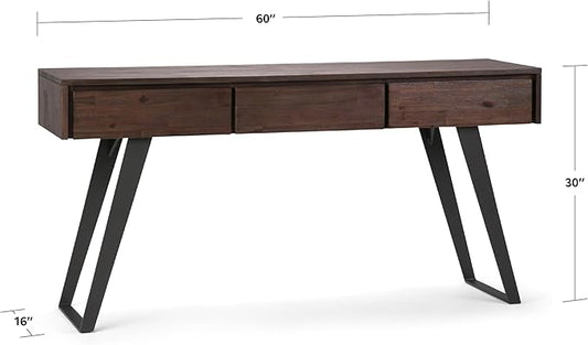 SIMPLIHOME Lowry Console Table - 60 Inch Wide Solid Acacia Wood Sofa Table in Distressed Charcoal Brown, Modern Industrial Storage Table for Living Room with 3 Drawers and Angled Metal Legs