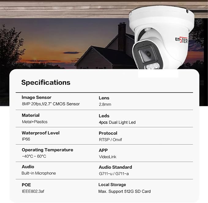 ENSTER 4K 8MP PoE Security Camera Outdoor Wired, 100ft Smart Color Night Vision, AI Human & Vehicle Detection, IP66 Waterproof, 110° Wide Angle, Built-in Mic, ONVIF/RSTP Compatible