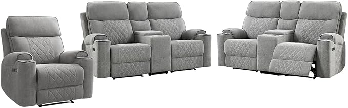 HAOMARKETS 3-Piece Recliner Sofa Set with Charging Ports, Include Power Recliner Chair and 2 2-Seater Loveseat Reclining Couches with Hidden Storage and Cup Holders for Living Room, Light Grey