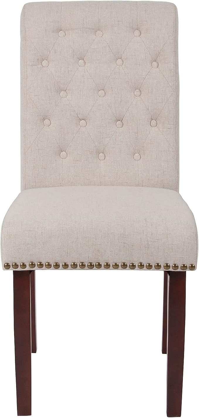 Flash Furniture HERCULES Series Beige Fabric Parsons Chair with Rolled Back, Accent Nail Trim and Walnut Finish