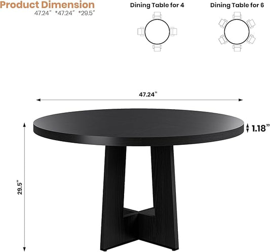 IDEALHOUSE 47" Round Dining Table, Kitchen Table for 4-6 People, Circle Tables with Sturdy Pedestal Base, Space Saving Dinning Room Furniture for Living Room, Kitchen, Black